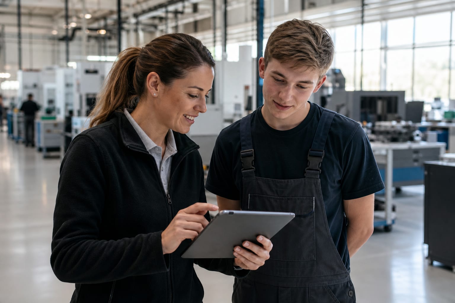 Ausbilderin erklärt einem jungen Auszubildenden Produktionsdaten auf einem Tablet in einer modernen Fertigungshalle