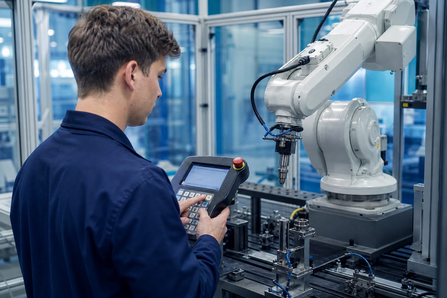 Junger Robotik-Techniker programmiert einen Industrieroboter mit dem Handbediengerät