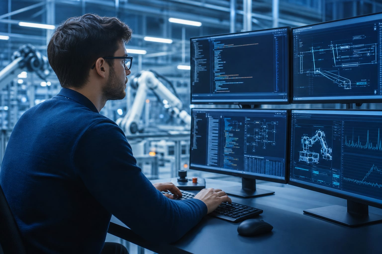 Junger Automatisierungsspezialist arbeitet mit Software und Maschinendaten an mehreren Monitoren