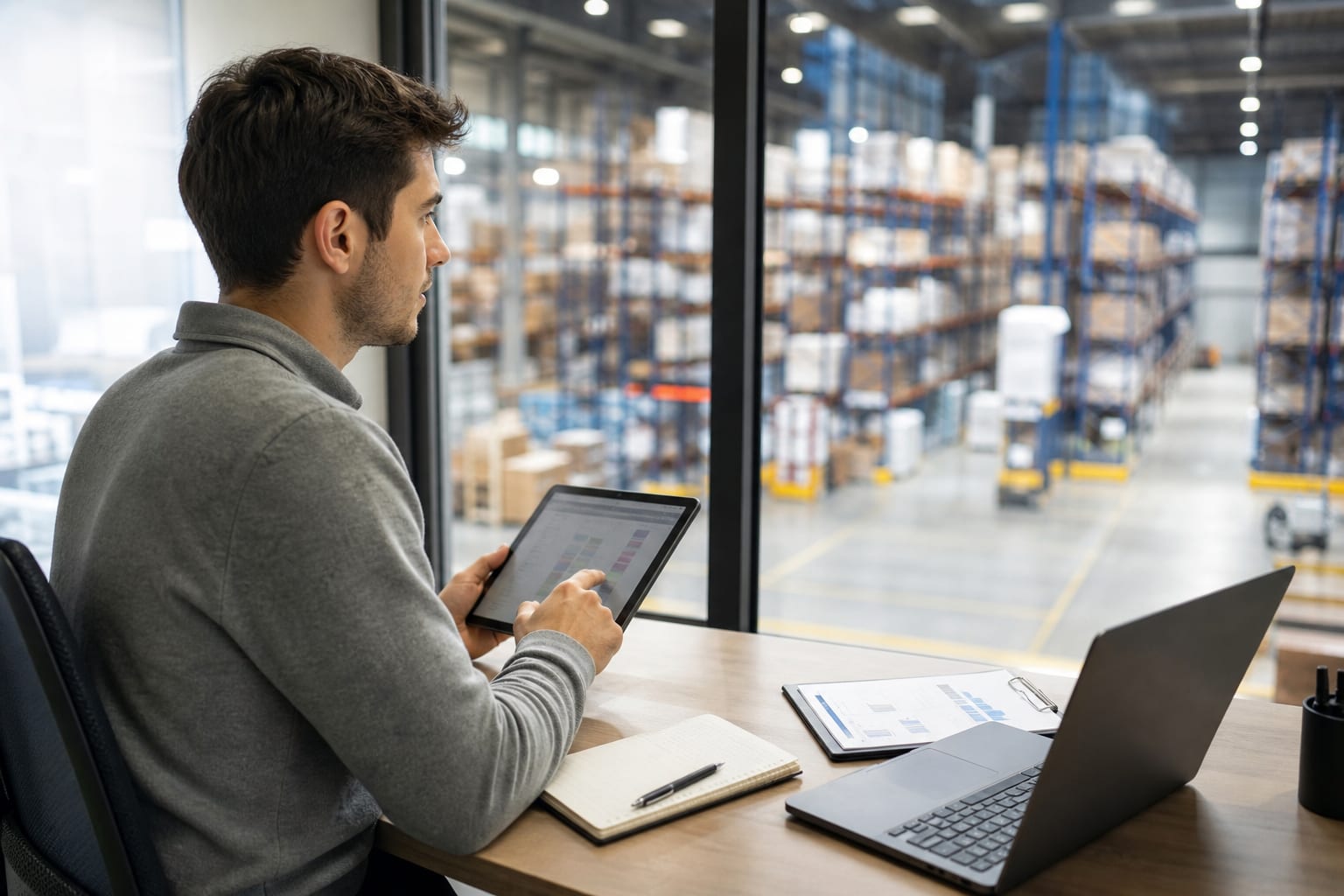 Junge Auszubildende plant Logistikabläufe am Tablet mit Blick in ein modernes Lager