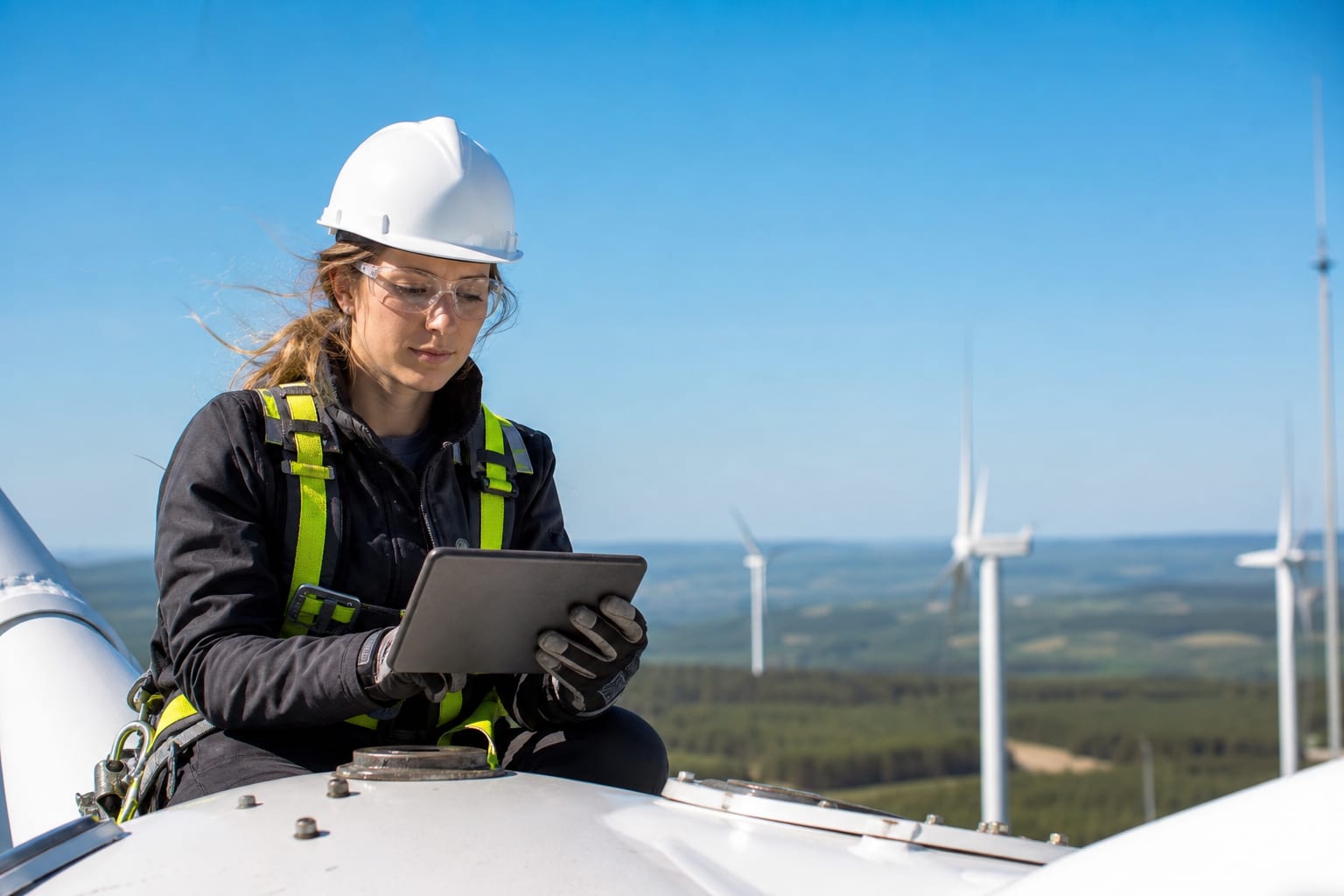 Junger Servicetechniker prüft eine Windkraftanlage mit dem Tablet