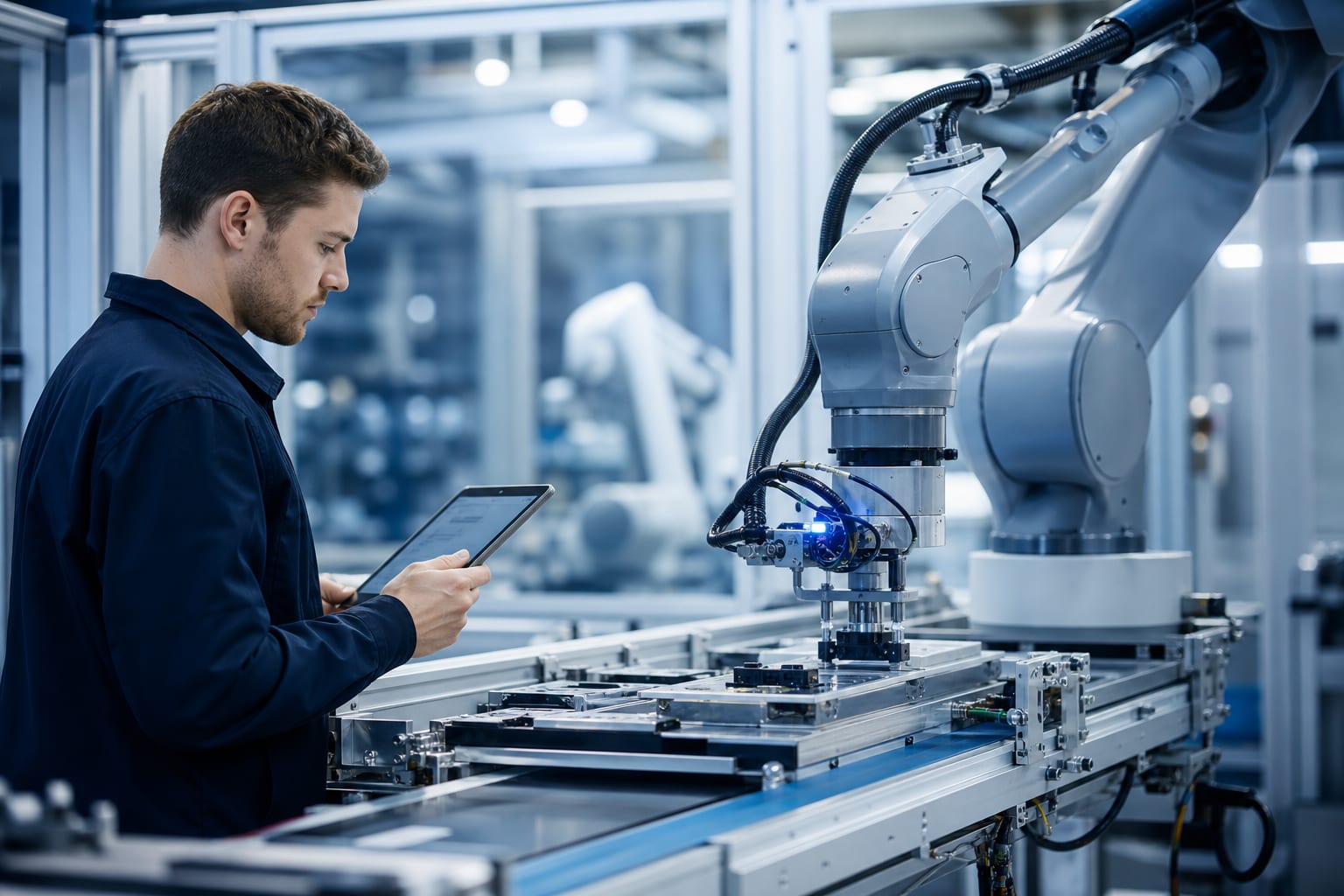 Roboterarm montiert präzise ein Bauteil, während eine Technikerin am Tablet überwacht