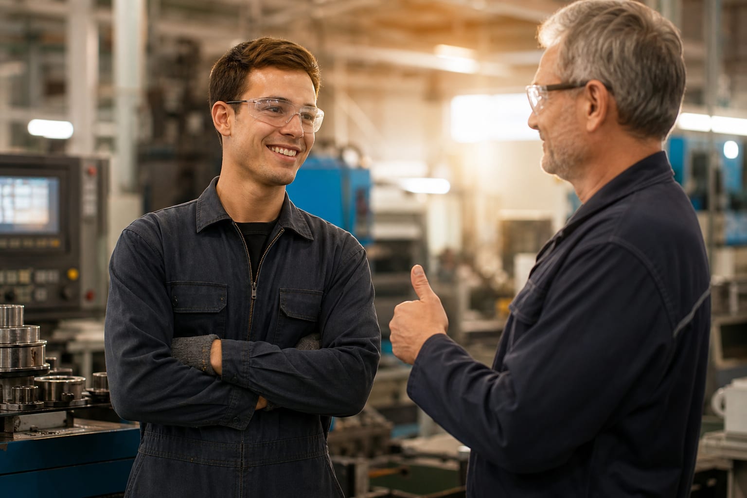 Selbstbewusste junge Fachkraft in einer modernen Fabrik, ein Ausbilder nickt anerkennend