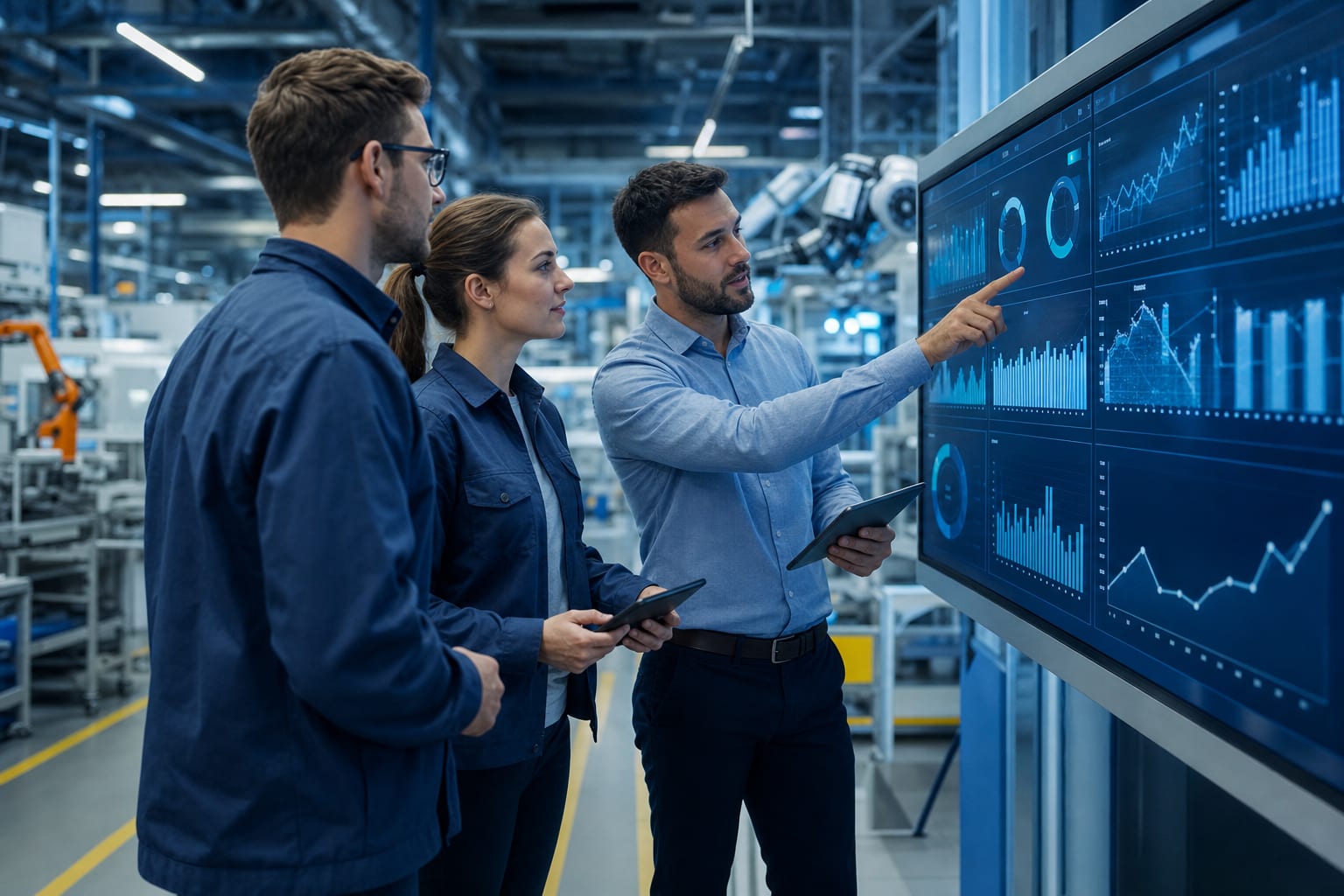 Produktionsteam wertet Echtzeit-Fertigungsdaten auf einem großen Dashboard aus