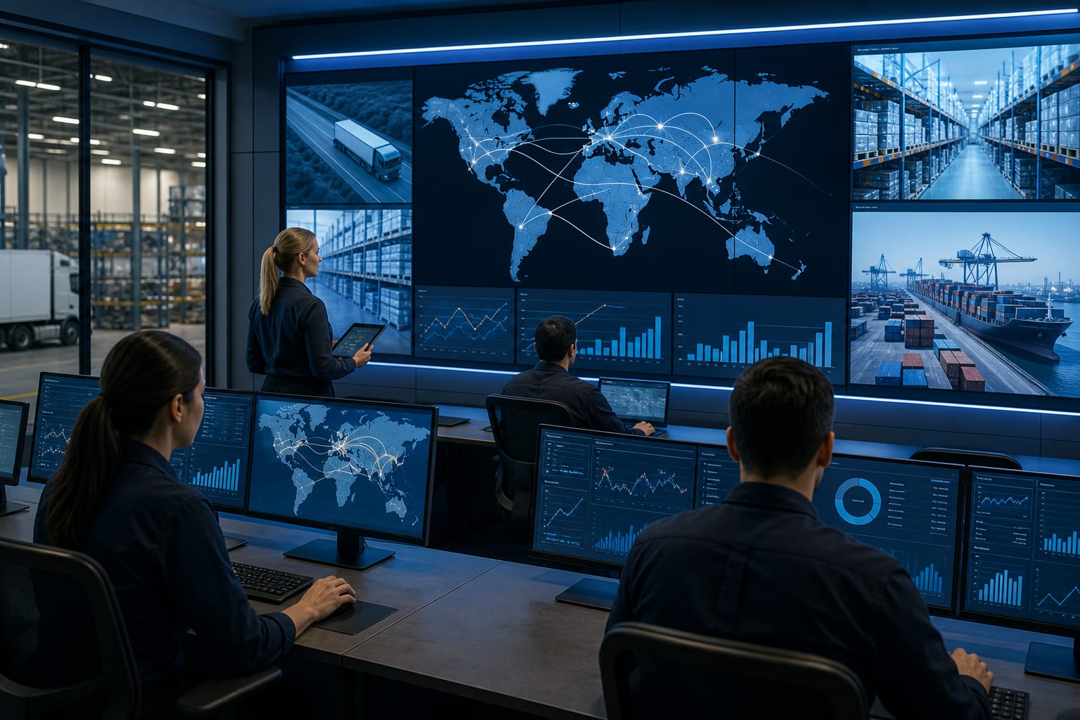 Logistikteam überwacht ein Supply-Chain-Dashboard mit Routen und Beständen im Leitstand