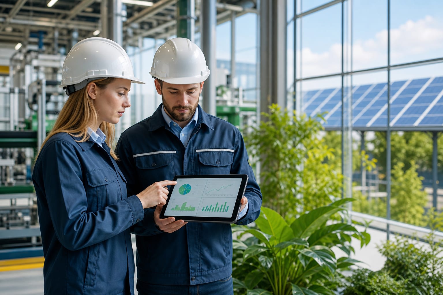 Junge Ingenieure prüfen Energieeffizienz-Daten am Tablet in einer modernen Fabrik