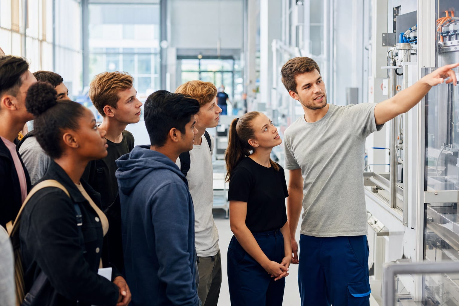 Jugendliche und junge Erwachsene erkunden bei einem Tag der offenen Tür eine moderne Industrieproduktion