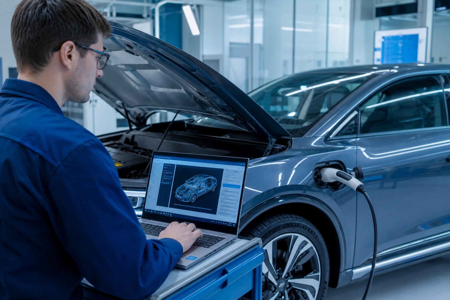 Kfz-Technikerin führt Software-Diagnose an einem Elektrofahrzeug durch