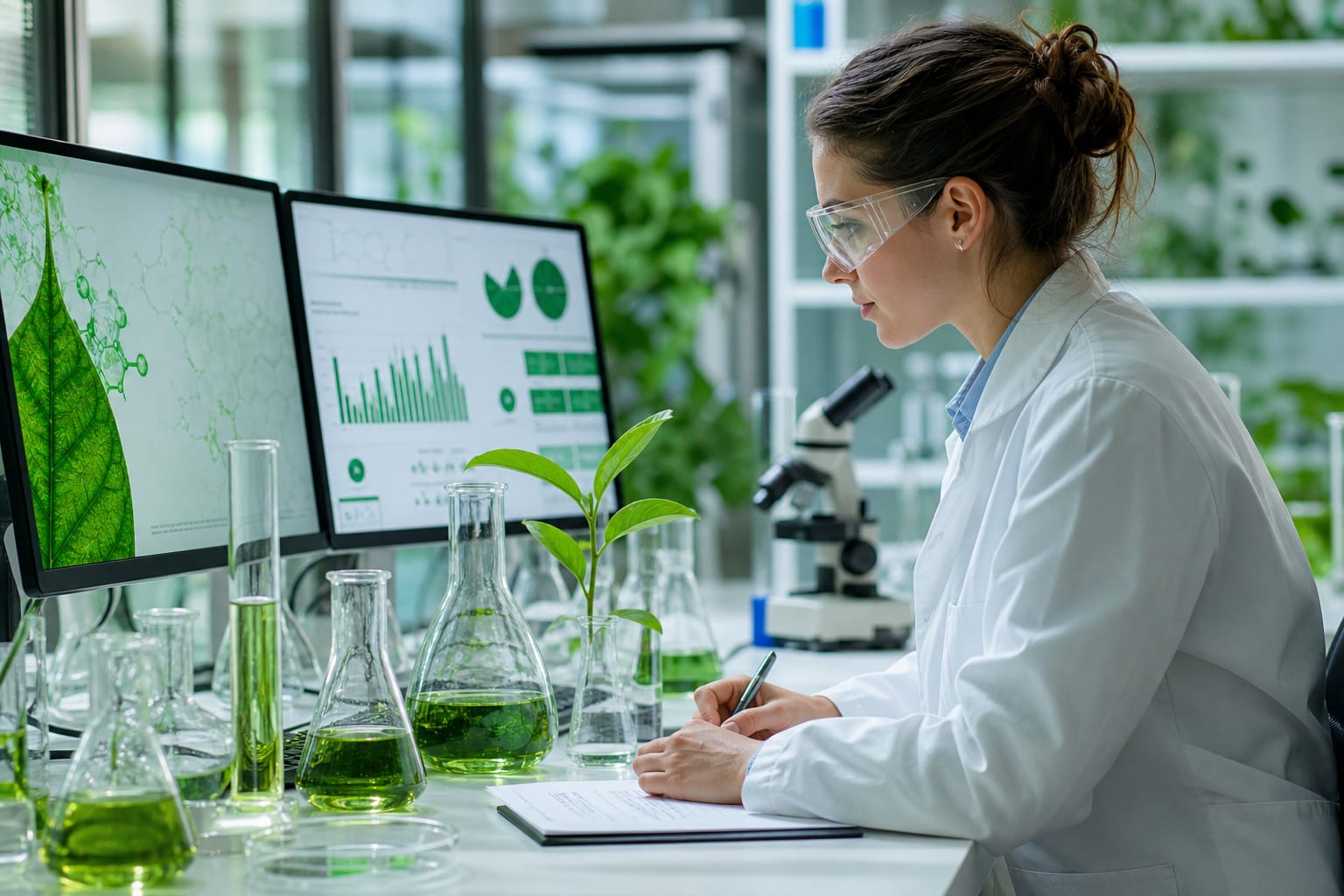Forscherin analysiert Daten zur nachhaltigen grünen Chemie im Labor