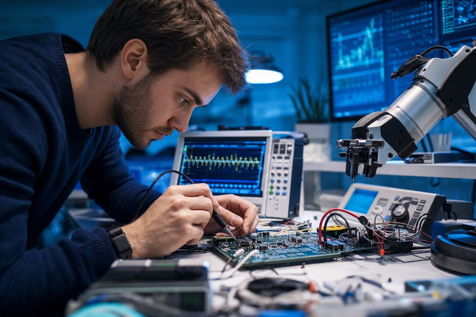 Elektronik-Ingenieur testet eine Platine und Sensoren mit Messtechnik