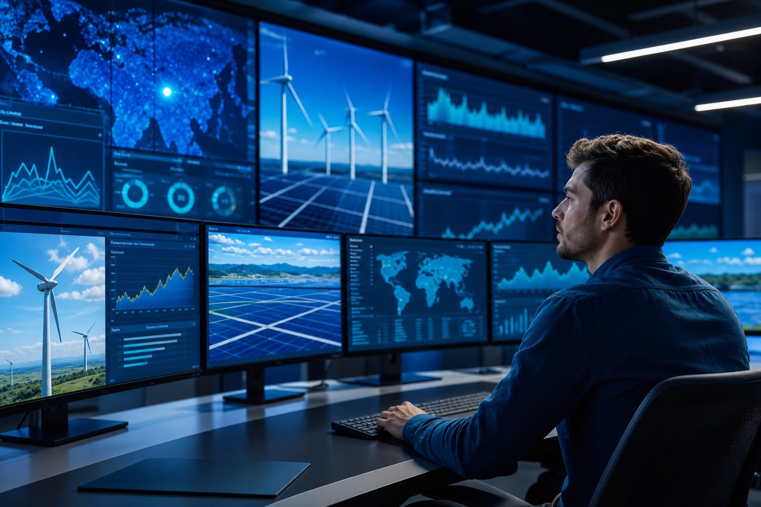 Ingenieur überwacht ein Smart Grid mit Wind- und Solardaten im Leitstand