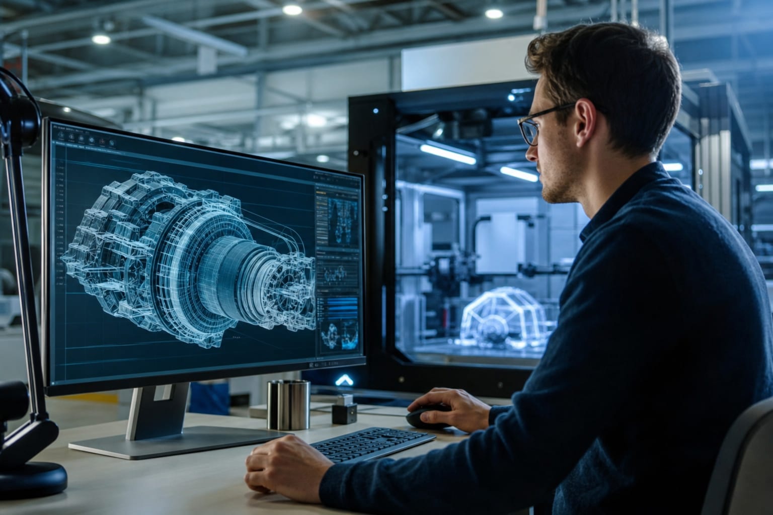 Junger Ingenieur prüft den digitalen Zwilling einer Maschine am Bildschirm