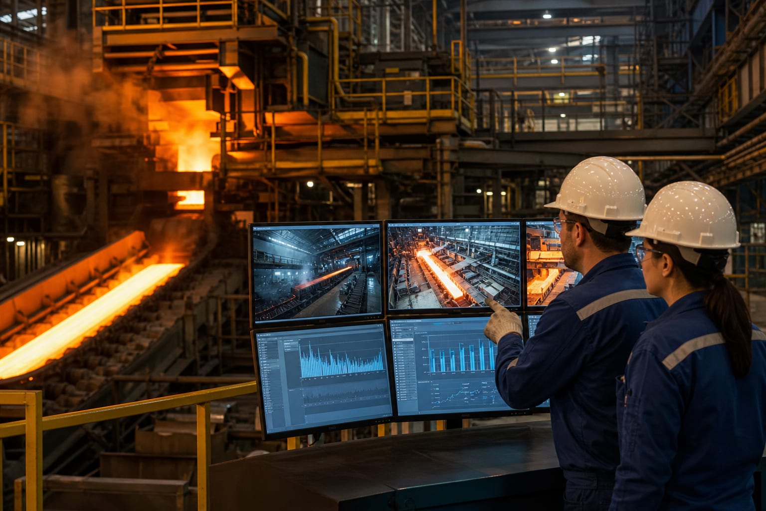 Fachkräfte überwachen eine moderne, automatisierte Stahlproduktion